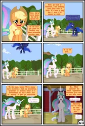 Size: 3255x4838 | Tagged: safe, artist:gutovi, derpibooru import, applejack, princess celestia, princess luna, alicorn, earth pony, pony, comic:why me!?, alternate ending, alternate hairstyle, applelestia, comic, female, freckles, imminent punishment, impending doom, it was at this moment that she knew she fucked up, lesbian, missing accessory, now you fucked up, pigtails, shipping, shipping denied, sweat, sweatdrop, sweet apple acres