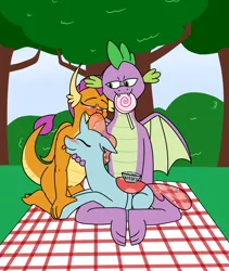 Size: 2284x2710 | Tagged: safe, artist:aaron amethyst, derpibooru import, ocellus, smolder, spike, changedling, changeling, dragon, bedroom eyes, bisexual, blushing, bush, candy, cuddling, cute, diaocelles, dragoness, female, food, group sex, lesbian, lidded eyes, lollipop, male, older, older ocellus, older smolder, older spike, outdoors, picnic, polyamory, sex, shipping, sky, smolcellus, smolderbetes, spikabetes, spikellus, spolcellus, spolder, straight, threesome, tongue out, tree