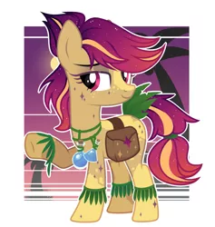 Size: 2191x2315 | Tagged: safe, artist:beautifulspaceshow, derpibooru import, oc, oc:tropical oasis (ice1517), unofficial characters only, earth pony, pony, bag, bedroom eyes, bottle, ethereal mane, female, freckles, grass, jewelry, mare, markings, multicolored hair, necklace, palm tree, potion, raised hoof, saddle bag, solo, starry mane, tree, underhoof