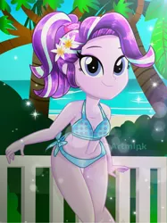 Size: 1800x2401 | Tagged: safe, artist:artmlpk, derpibooru import, starlight glimmer, equestria girls, adorable face, adorasexy, adorkable, alternate hairstyle, beach, bikini, clothes, cute, digital art, dork, flower, flower in hair, glimmerbetes, hips, looking at you, ocean, palm tree, plant, ponytail, scrunchie, sexy, smiling, smiling at you, solo, swimsuit, thighs, tree, two piece swimsuit, water, watermark