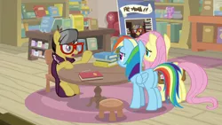 Size: 1920x1080 | Tagged: safe, derpibooru import, screencap, a.k. yearling, fluttershy, rainbow dash, pegasus, pony, daring doubt, book, bookshelf, butt, clothes, female, glasses, mare, plot