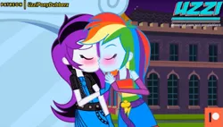 Size: 713x404 | Tagged: safe, artist:uzzi-ponydubberx, derpibooru import, rainbow dash, oc, oc:estrella sombra, oc:estrellasombria, equestria girls, bedroom eyes, blushing, canon x oc, canterlot high, clothes, eyes closed, fall formal outfits, female, fingerless gloves, gloves, holding hands, image, kissing, lesbian, png, shipping, sleeveless