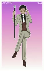 Size: 1920x3120 | Tagged: artist:banquo0, art pack:my little persona, cane, clothes, derpibooru import, discord, human, humanized, safe, shoes, solo, suit