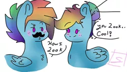 Size: 640x360 | Tagged: safe, artist:shinningblossom12, derpibooru import, oc, oc:rainbow ditz, oc:rainbow sky, pegasus, pony, blushing, dialogue, duo, fake moustache, female, hair bun, male, mare, multicolored hair, not rainbow dash, parent:rainbow dash, pegasus oc, rainbow hair, simple background, stallion, white background, wings