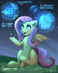 Size: 2000x2500 | Tagged: safe, artist:freak-side, derpibooru import, fluttershy, pegasus, pony, chest fluff, female, floppy ears, grass, high res, hologram, hoof hold, looking at something, looking up, mare, night, open mouth, outdoors, raised hoof, science fiction, sitting, solo, spread wings, symbols, three quarter view, wings
