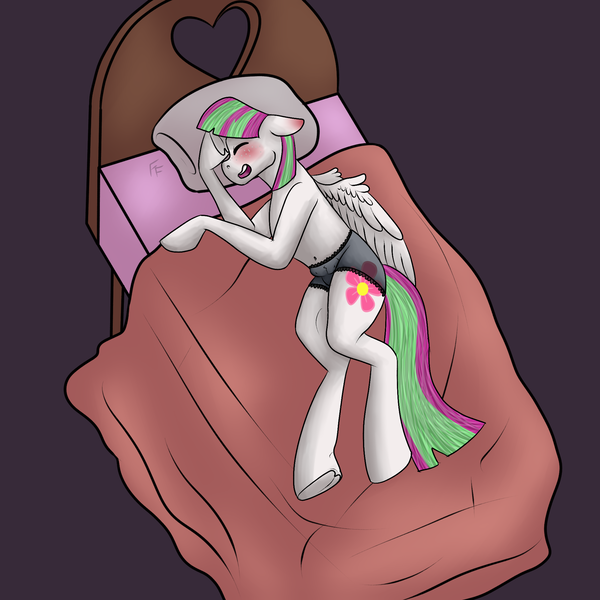 Size: 2000x2000 | Tagged: questionable, artist:ponykittenboi, derpibooru import, blossomforth, pegasus, pony, bed, blushing, boyshorts, clothes, crotchboobs, ear blush, erect nipples, eyes closed, female, floppy ears, frilly underwear, frog (hoof), lingerie, mare, nipple outline, nudity, on bed, open mouth, panties, request, see-through, see-through panties, simple background, solo, underhoof, underwear