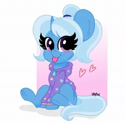 Size: 2048x2048 | Tagged: safe, artist:kittyrosie, derpibooru import, trixie, pony, unicorn, :p, abstract background, alternate hairstyle, babysitter trixie, clothes, cute, diatrixes, female, gameloft interpretation, heart, high res, hoodie, looking at you, mare, pigtails, sitting, solo, tongue out