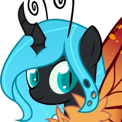 Size: 500x500 | Tagged: antenna, artist:paradiseskeletons, artist:the smiling pony, blue changeling, butterfly wings, changeling, changeling queen, changeling queen oc, derpibooru import, female, looking at you, oc, oc:queen fylifa, safe, simple background, smiling, solo, svg, .svg available, transparent background, unofficial characters only, vector, wings