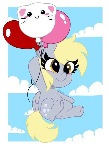 Size: 1506x2048 | Tagged: safe, artist:kittyrosie, derpibooru import, derpy hooves, pegasus, pony, balloon, blushing, cloud, cute, derpabetes, female, floating, flying, mare, sky, smiling, solo