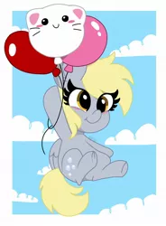 Size: 1506x2048 | Tagged: safe, artist:kittyrosie, derpibooru import, derpy hooves, pegasus, pony, balloon, blushing, cloud, cute, derpabetes, female, floating, flying, mare, sky, smiling, solo