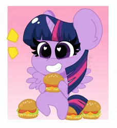 Size: 1867x2048 | Tagged: safe, artist:kittyrosie, derpibooru import, twilight sparkle, twilight sparkle (alicorn), alicorn, pony, bipedal, blushing, burger, chibi, cute, female, food, happy, hay burger, heart eyes, mare, smiling, solo, that pony sure does love burgers, twiabetes, twilight burgkle, wingding eyes