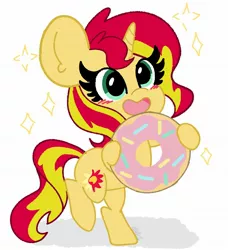 Size: 1867x2048 | Tagged: safe, artist:kittyrosie, derpibooru import, sunset shimmer, pony, unicorn, bipedal, blushing, cute, donut, female, food, hoof hold, mare, open mouth, shimmerbetes, simple background, solo, white background
