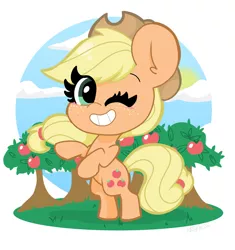 Size: 1928x2048 | Tagged: safe, artist:kittyrosie, derpibooru import, part of a set, applejack, earth pony, pony, apple, apple tree, blushing, cloud, cute, female, food, jackabetes, looking at you, mare, one eye closed, rearing, sky, smiling, solo, sun, tree, wink