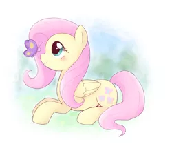 Size: 3193x2714 | Tagged: safe, artist:arrow__root, derpibooru import, fluttershy, butterfly, pegasus, pony, blushing, cute, female, folded wings, high res, looking at something, mare, pixiv, profile, prone, shyabetes, smiling, solo, wings