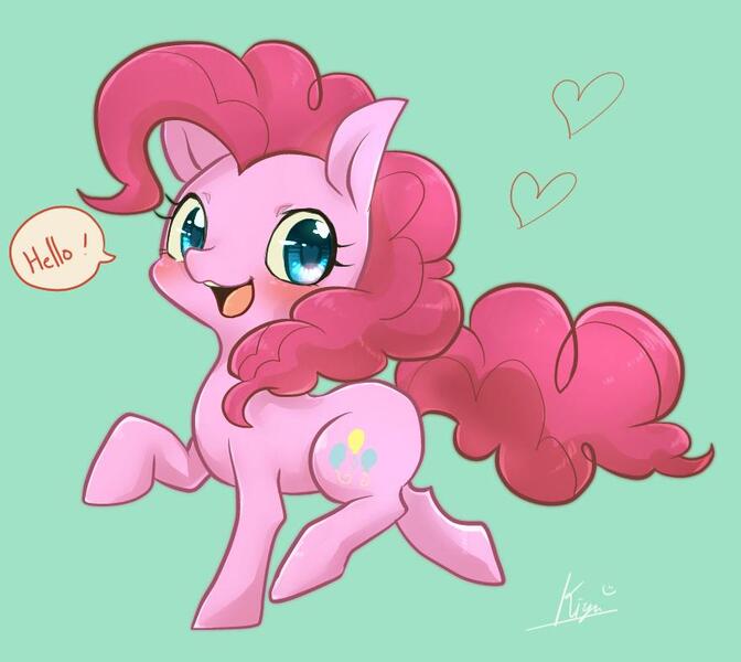 Size: 881x787 | Tagged: safe, artist:ashitaka_kiyu, derpibooru import, pinkie pie, earth pony, pony, cute, dialogue, diapinkes, female, green background, heart, mare, open mouth, simple background, smiling, smiling pinkie pie tolts left, solo, speech bubble