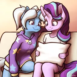 Size: 2000x2000 | Tagged: safe, artist:ohemo, derpibooru import, starlight glimmer, trixie, anthro, unicorn, alternate hairstyle, atg 2020, babysitter trixie, clothes, duo, female, hoodie, mare, newbie artist training grounds