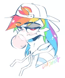 Size: 2652x3192 | Tagged: safe, artist:dino_horse, deleted from derpibooru, derpibooru import, rainbow dash, pegasus, pony, blushing, bubble, bubblegum, clothes, cool, cute, dashabetes, female, food, gum, half-lidded eyes, hat, hoodie, jacket, mare, rainbow, simple background, solo, too cool for school, wingding eyes