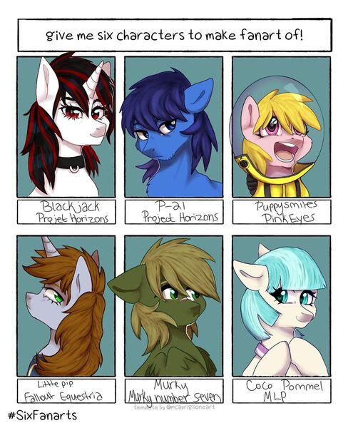 Size: 1080x1290 | Tagged: safe, artist:azusadrawz, derpibooru import, coco pommel, oc, oc:blackjack, oc:littlepip, oc:murky, oc:p-21, oc:puppysmiles, earth pony, pegasus, pony, unicorn, fallout equestria, fallout equestria: murky number seven, fallout equestria: pink eyes, fallout equestria: project horizons, six fanarts, bust, chest fluff, collar, crossover, earth pony oc, fanfic art, female, horn, male, mare, open mouth, pegasus oc, spacesuit, stallion, unicorn oc, wings