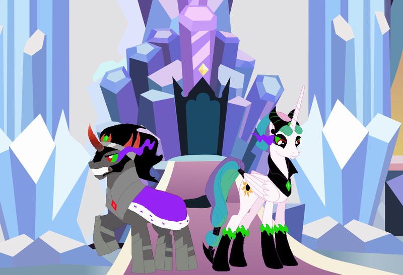 Size: 1271x869 | Tagged: safe, artist:rogueheart101, artist:selenaede, artist:vector-brony, derpibooru import, king sombra, princess celestia, alicorn, pony, unicorn, alternate universe, celestibra, correstia, corrupted, corrupted celestia, corruptia, crystal empire, dark celestia, dark equestria, dark magic, dark queen, dark world, darklestia, emperor and empress, evil celestia, female, king and queen, magic, male, possessed, possesstia, queen celestia, shipping, sombra empire, sombra eyes, straight, tyrant celestia