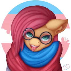 Size: 714x714 | Tagged: safe, artist:batsdisaster, derpibooru import, fluttershy, pegasus, pony, vampire, vampony, blushing, cute, fangs, glasses, green eyes, piercing, pride, pride flag, race swap, shyabetes, smiling, solo, tongue out, tongue piercing, transgender pride flag