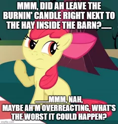 Size: 500x526 | Tagged: safe, derpibooru import, edit, edited screencap, screencap, apple bloom, earth pony, pony, hearts and hooves day (episode), caption, cropped, female, filly, image macro, mare, raised eyebrow, raised hoof, solo, text, thinking, this will end in fire