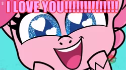 Size: 1146x638 | Tagged: safe, derpibooru import, edit, edited screencap, screencap, pinkie pie, earth pony, pony, my little pony: pony life, caption, cute, diapinkes, excessive exclamation marks, heart eyes, i love you, image macro, looking at you, love, talking to viewer, text, treehouse logo, wingding eyes