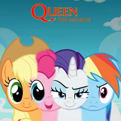 Size: 2000x2000 | Tagged: safe, artist:dashiesparkle, artist:grapefruitface1, derpibooru import, applejack, pinkie pie, rainbow dash, rarity, ponified, pony, album cover, conjoined, ponified album cover, queen (band)