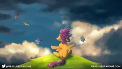Size: 1920x1080 | Tagged: safe, artist:obscuredragone, derpibooru import, scootaloo, pegasus, pony, cliff, cloud, female, filly, floppy ears, flying, male, mare, scootaloo can't fly, stallion