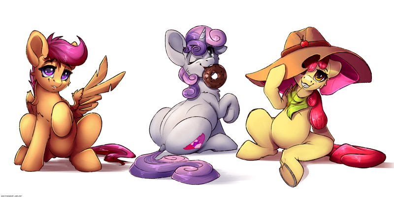 Size: 6000x3000 | Tagged: safe, artist:skitsniga, derpibooru import, apple bloom, scootaloo, sweetie belle, earth pony, pegasus, pony, unicorn, adorabloom, applejack's hat, belly, butt, cheek fluff, chest fluff, clothes, cowboy hat, cute, cutealoo, cutie mark, diasweetes, dock, donut, ear down, female, filly, food, hat, high res, looking back, mouth hold, one eye closed, raised hoof, scarf, simple background, sitting, straw in mouth, sweetie butt, the cmc's cutie marks, underhoof, white background