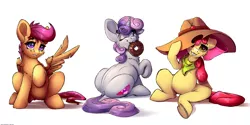Size: 6000x3000 | Tagged: safe, artist:skitsniga, derpibooru import, apple bloom, scootaloo, sweetie belle, earth pony, pegasus, pony, unicorn, adorabloom, applejack's hat, belly, butt, cheek fluff, chest fluff, clothes, cowboy hat, cute, cutealoo, cutie mark, diasweetes, dock, donut, ear down, female, filly, food, hat, high res, looking back, mouth hold, one eye closed, raised hoof, scarf, simple background, sitting, straw in mouth, sweetie butt, the cmc's cutie marks, underhoof, white background