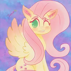 Size: 2048x2048 | Tagged: safe, artist:jomok0, derpibooru import, fluttershy, pegasus, pony, blushing, blushing ears, blushing wings, cutie mark, ear fluff, female, grin, lip bite, looking at you, mare, no pupils, one eye closed, simple background, sitting, smiling, solo, spread wings, wings, wink, winking at you