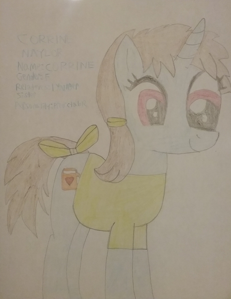 Size: 1851x2394 | Tagged: safe, artist:deja-lu, artist:jaredking203, deleted from derpibooru, derpibooru import, oc, oc:corrine naylor, unofficial characters only, unicorn, bow, clothes, female, mare, solo, tail bow, traditional art