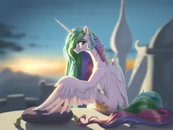 Size: 2224x1668 | Tagged: safe, artist:nadnerbd, derpibooru import, princess celestia, alicorn, pony, blurred background, butt, canterlot, canterlot castle, cushion, female, looking at you, looking back, looking back at you, mare, pillow, plot, profile, sitting, smiling, solo, spread wings, sunrise, wings