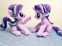 Size: 1024x768 | Tagged: safe, artist:nekokevin, derpibooru import, starlight glimmer, pony, unicorn, series:nekokevin's glimmy, duality, duo, female, imminent boop, irl, looking at each other, mare, open mouth, photo, plushie, raised hoof, self ponidox, sitting, smiling