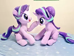 Size: 1024x768 | Tagged: safe, artist:nekokevin, derpibooru import, starlight glimmer, pony, unicorn, series:nekokevin's glimmy, boop, duality, duo, female, irl, looking at each other, mare, open mouth, photo, plushie, raised hoof, self ponidox, self-boop, sitting, smiling