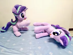 Size: 1024x768 | Tagged: safe, artist:nekokevin, derpibooru import, starlight glimmer, pony, unicorn, series:nekokevin's glimmy, duality, duo, female, hooves together, irl, lying down, mare, open mouth, photo, plushie, raised hoof, self ponidox, sitting, smiling