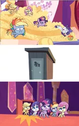 Size: 1124x1793 | Tagged: safe, derpibooru import, edit, screencap, applejack, fluttershy, rainbow dash, rarity, twilight sparkle, twilight sparkle (alicorn), alicorn, earth pony, pegasus, pony, unicorn, my little pony: pony life, princess probz, the last roundup, spoiler:pony life s01e01, applefat, fat, fattershy, female, flan, food, implied pooping, logo, mare, outhouse, pudding, rainblob dash, raritubby, treehouse logo, twilard sparkle