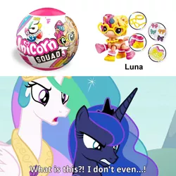 Size: 1600x1600 | Tagged: safe, derpibooru import, edit, edited screencap, screencap, princess celestia, princess luna, alicorn, pony, unicorn, the ending of the end, angry, caption, celestia is not amused, female, image macro, luna is not amused, mare, photo, text, toy, unamused, zuru 5 surprise