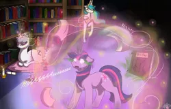 Size: 1554x997 | Tagged: safe, artist:scarletsfeed, derpibooru import, princess celestia, twilight sparkle, oc, oc:flare, alicorn, pony, unicorn, series:memory days, book, bookshelf, candle, candlestick, dark magic, glowing eyes, glowing horn, horn, library, magic, sombra eyes, story included, trio, unicorn twilight