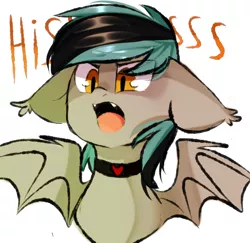 Size: 1000x970 | Tagged: safe, artist:thieftea, derpibooru import, oc, oc:greycedar, unofficial characters only, bat pony, pony, angry, choker, cute, fangs, floppy ears, heart, hissing, male, open mouth, simple background, solo, stallion, text, white background