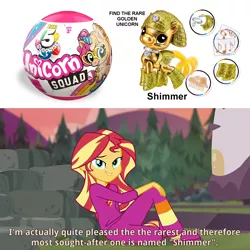 Size: 1600x1600 | Tagged: safe, derpibooru import, edit, edited screencap, screencap, sunset shimmer, unicorn, equestria girls, equestria girls series, wake up!, spoiler:choose your own ending (season 2), spoiler:eqg series (season 2), clothes, fire pit, grass, looking at you, outdoors, pajamas, photo, sitting, slippers, smiling, smiling at you, text, toy, wake up!: applejack, zuru 5 surprise