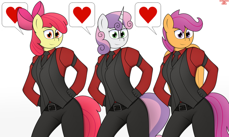 Size: 6700x4000 | Tagged: safe, artist:schwarzesskreuz, derpibooru import, apple bloom, scootaloo, sweetie belle, anthro, earth pony, pegasus, unicorn, cerberus (helltaker), dancing, fanart, helltaker