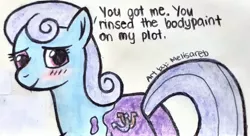 Size: 2450x1335 | Tagged: suggestive, artist:melisareb, derpibooru import, lilac links, linky, shoeshine, earth pony, pony, blushing, bodypaint, butt, female, headcanon, looking at you, mare, plot, solo, traditional art