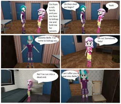 Size: 2412x2080 | Tagged: safe, artist:brightstar40k, derpibooru import, coco pommel, sweetie belle, comic:sweetie belle's tie up game 2, equestria girls, 3d, boots, chair, clothes, crystal prep academy uniform, door, jacket, looking at each other, school uniform, shoes, skirt, source filmmaker, speech bubble, t pose, table