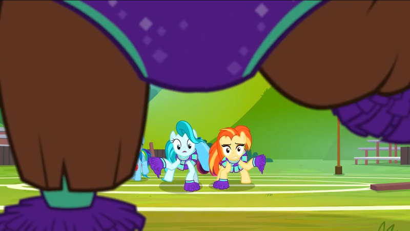 Size: 1136x640 | Tagged: 2 4 6 greaaat, cheerleader, cheerleader outfit, cheerleader yona, clothes, derpibooru import, legs, lighthoof, rainbow dash, safe, screencap, season 9, shimmy shake, spoiler:s09, yona