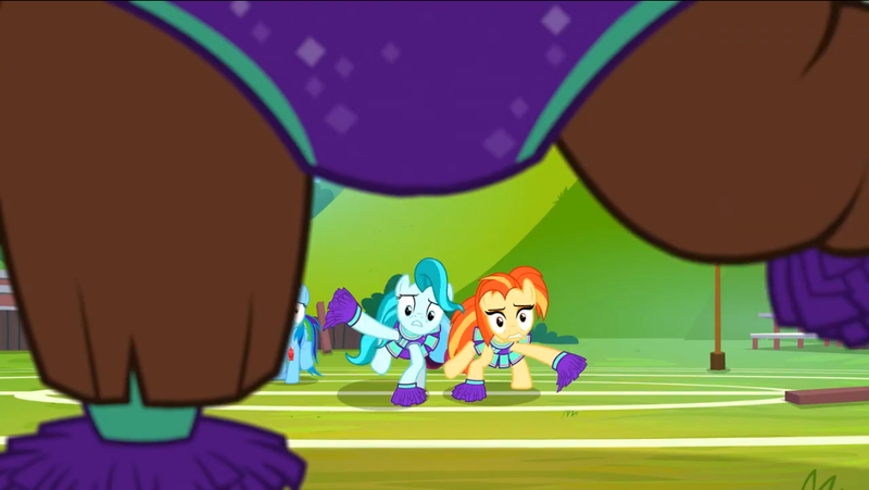 Size: 1136x640 | Tagged: 2 4 6 greaaat, cheerleader, cheerleader outfit, cheerleader yona, clothes, derpibooru import, legs, lighthoof, rainbow dash, safe, screencap, season 9, shimmy shake, spoiler:s09, yona