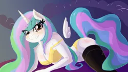 Size: 1920x1080 | Tagged: anthro, artist:wintershibe, bra, breasts, busty princess celestia, clothes, derpibooru import, eye clipping through hair, female, floating wings, off shoulder, panties, princess celestia, socks, solo, solo female, suggestive, thigh highs, underwear, wings, yellow underwear