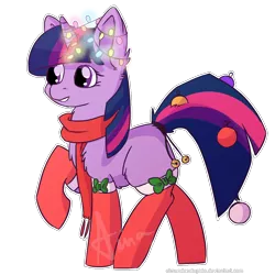 Size: 1000x1000 | Tagged: safe, artist:wintershibe, derpibooru import, twilight sparkle, pony, unicorn, christmas, christmas lights, christmas ornaments, clothes, female, festive, fluffy, holiday, mare, raised hoof, scarf, simple background, socks, solo, transparent background, unicorn twilight