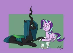 Size: 1280x942 | Tagged: safe, artist:fuzzgod5, derpibooru import, queen chrysalis, starlight glimmer, pony, unicorn, a better ending for chrysalis, drinking straw, glass, hoofbump, looking at each other, newbie artist training grounds, teary eyes