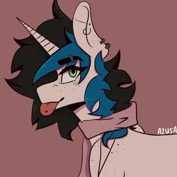 Size: 900x900 | Tagged: safe, artist:azusadrawz, derpibooru import, oc, unofficial characters only, pony, unicorn, :p, brown background, clothes, ear piercing, earring, horn, jewelry, piercing, scarf, simple background, solo, tongue out, unicorn oc